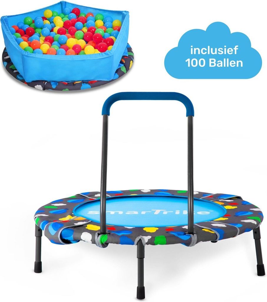 A trampoline with a ball pit and a cloud graphic with text.