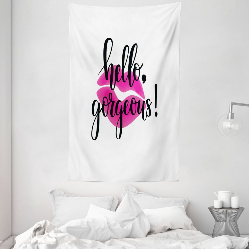 ABAKUHAUS Hallo Wunderschöne Wandteppich und Tagesdecke, rosa Lippenstift aus Weiches Mikrofaser Stoff Waschbar ohne Verblassen Digitaldruck, 140 ...