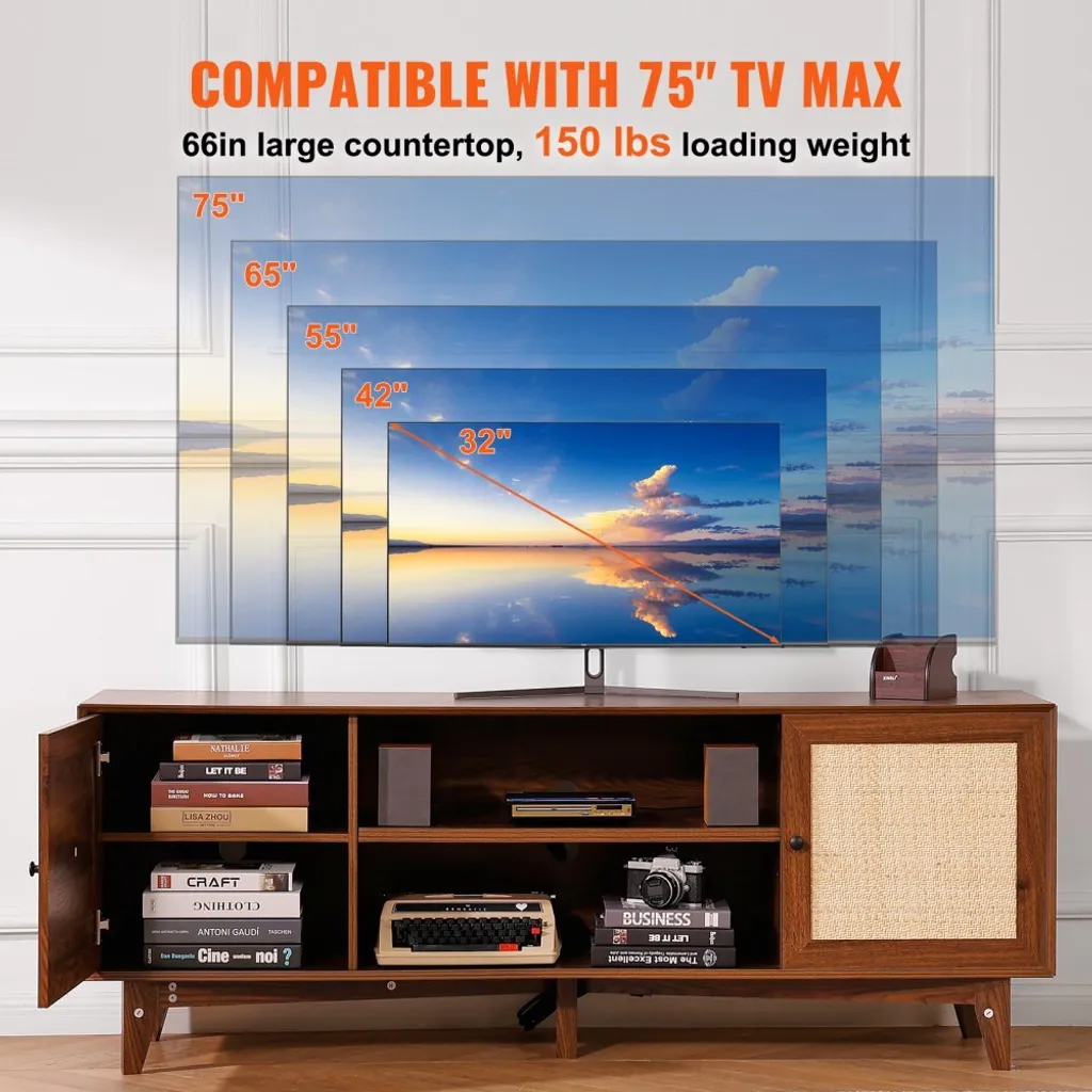 Support TV 191 cm noyer et rotin véritable - Meuble TV Boho long format - 4