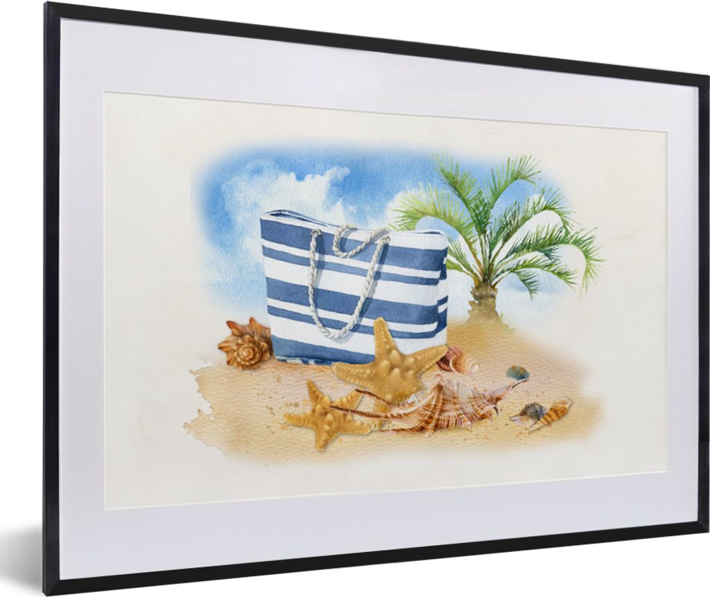 MuchoWow MuchoWow Gerahmtes Poster Palme - Tasche - Muscheln 60x40 cm - Poster mit zchwarzem Bilderrahmen - Schlafzimmer - Plakat in Rahmen - D...