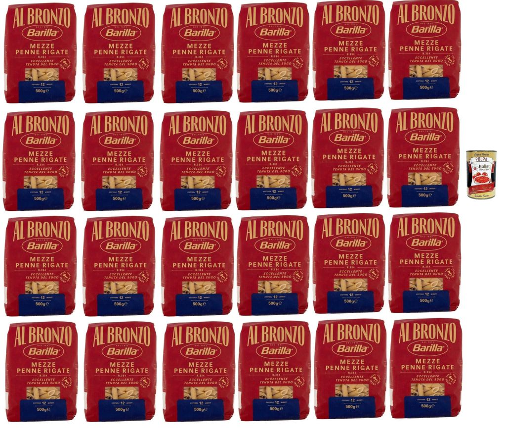 Barilla Al Bronzo Mezze Penne Rigate 24x500g – rau & bronzgezogen für extra Saucenhaftung, italienische Hartweizen-Pasta Vorratspack + Italian G...