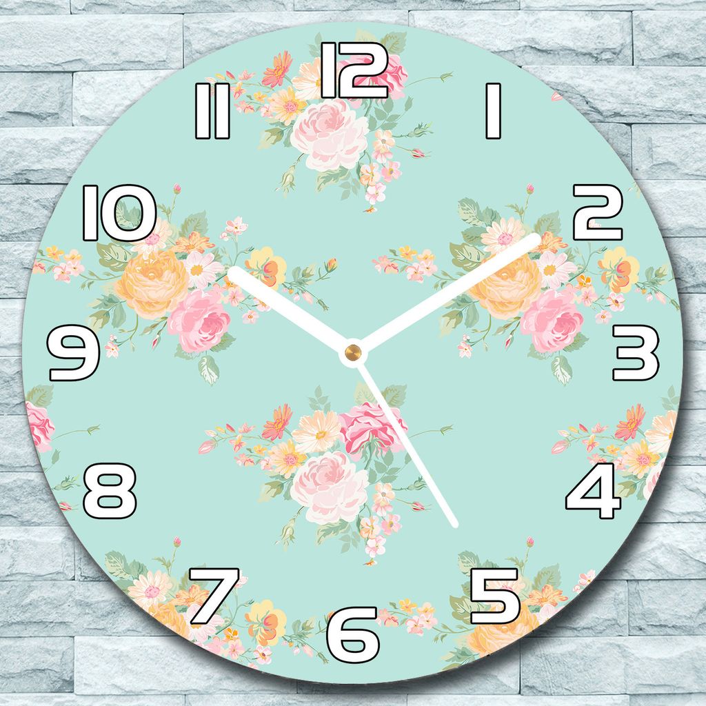 Wanduhr aus Glas Rund fi 30 Pastell Blumensträuß Quarz Deko Schlafzimmer Büro