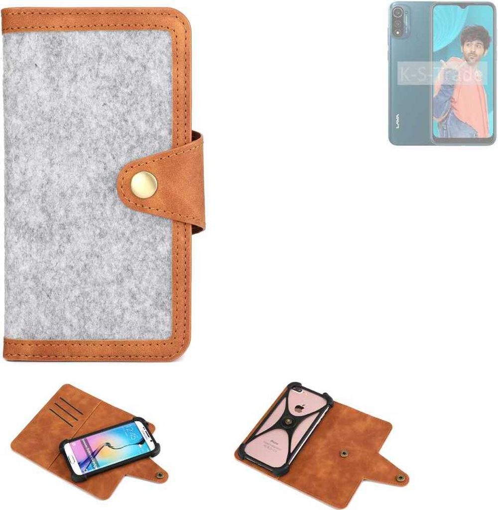 K-S-Trade Handyhülle kompatibel mit Lava X3 Schutzhülle Filz-Hülle Kunst-Leder hellgrau braun (1x)