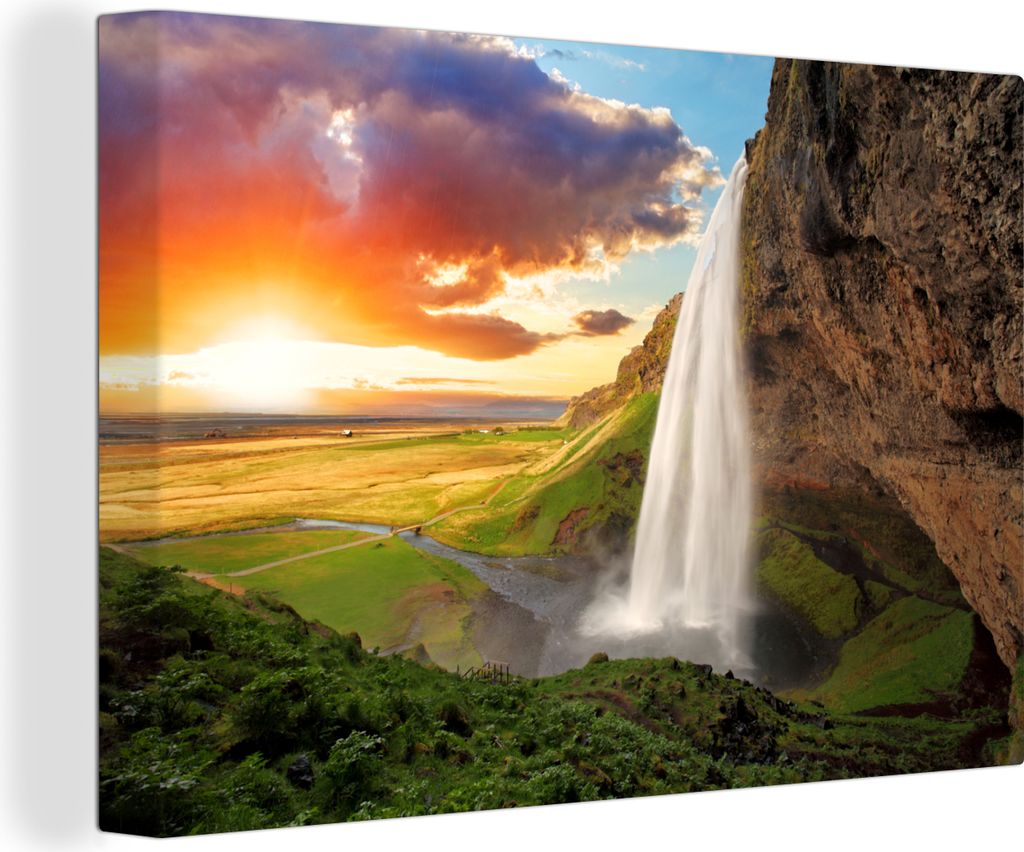OneMillionCanvasses - Leinwandbilder - 140x90 cm, Wasserfall - Felsen - Sonnenuntergang - Berge - Orange, Wandbilder Kunstdruck Wanddekoration - ...