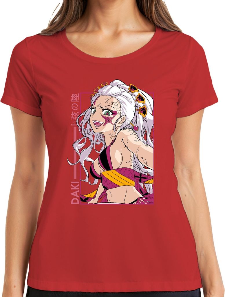 Daki Dämonen Anime weißes Haar Blumenmaske düster Geschenk Japan Y2K Streetwear Damen T-Shirt, Rot, M