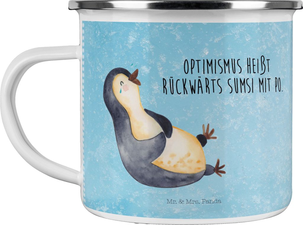 Mr. & Mrs. Panda Emaille Tasse Pinguin Lachen - Eisblau - Geschenk, blechbecher, Kaffeepott, Witzig, Lol, Campingtasse, Freude, Optimismus, Fröhli...
