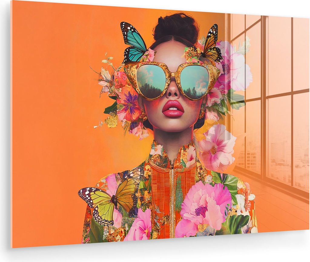 MuchoWow Glasbilder - Bilder auf Wandbild - Foto auf Glas Schmetterlinge - Frau - Sonnenbrille - Bunt 60x40 cm Wanddekoration aus Glas - Acrylglasb...