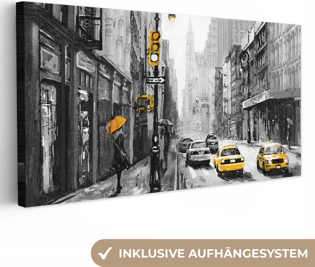 MuchoWow - Leinwandbilder - Gemälde - Ölfarbe - Stadt - Auto, Wandbild, Wanddeko Bilder Wohnzimmer, 40x20 cm