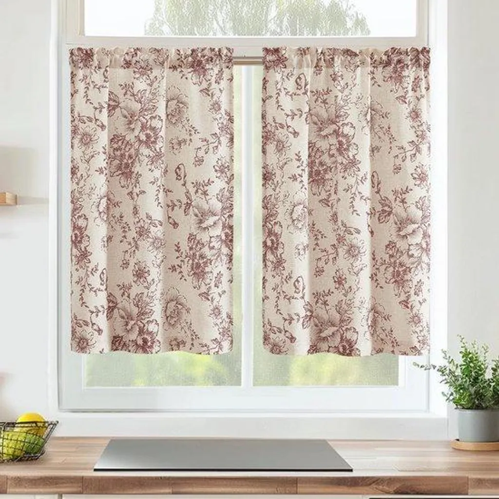 Rideaux courts de cuisine en lin fleuri rétro, lot de 2 pièces 65x90