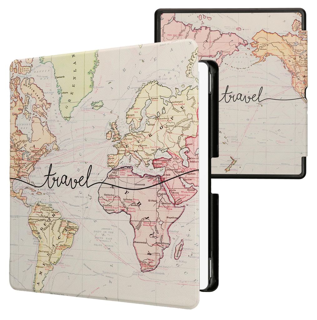 kwmobile Schutzhülle für Amazon Kindle Scribe (2024) Hülle - eReader Flip Case mit Auto Sleep Funktion - Travel Schriftzug mit Schwarz Mehrfarbig