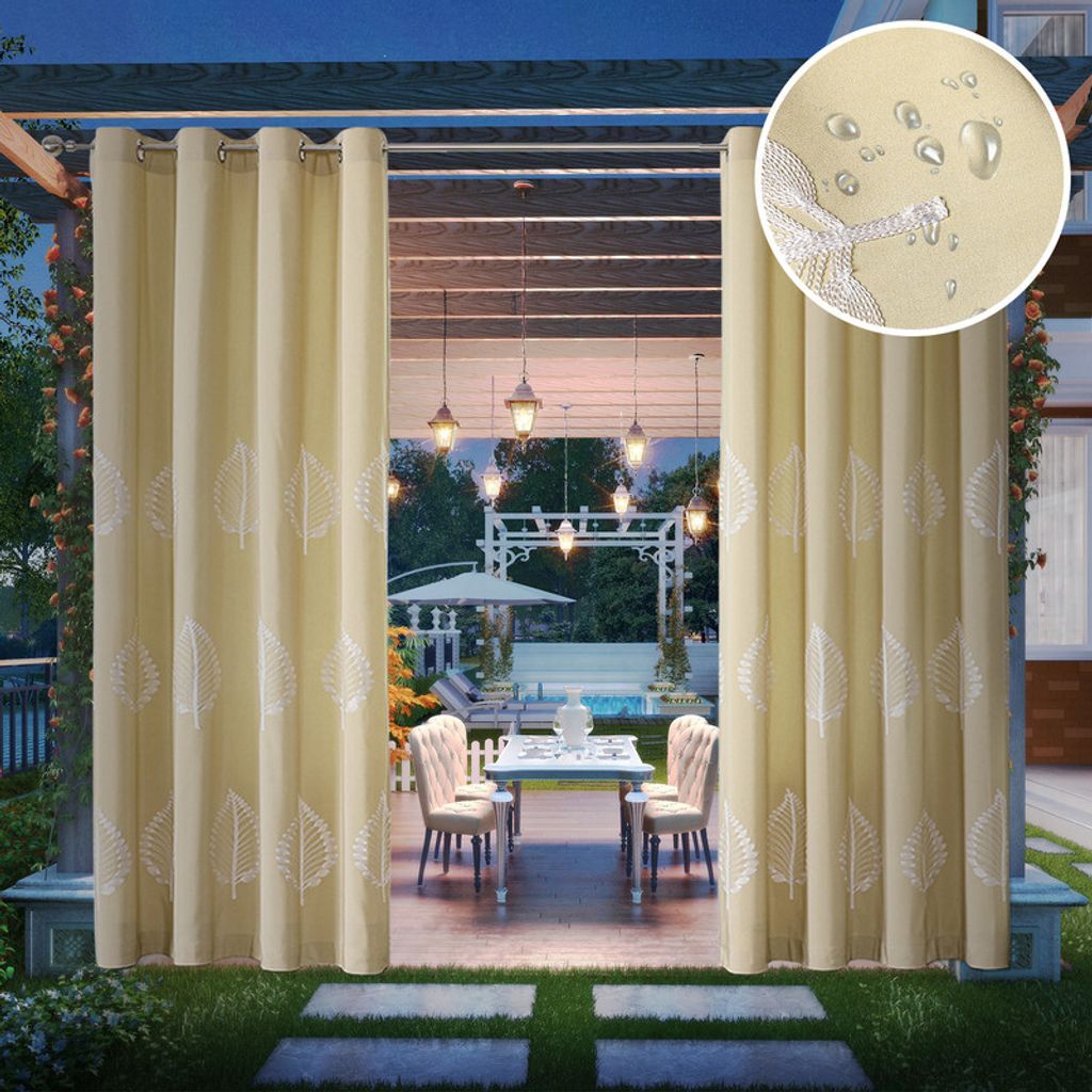 254*240cm Outdoor Wasserdicht Vorhänge mit Ösen Blätter Stickerei, Winddicht Blickdicht Vorhang Innen Gardinen, 1 Paneele Gelbbeige