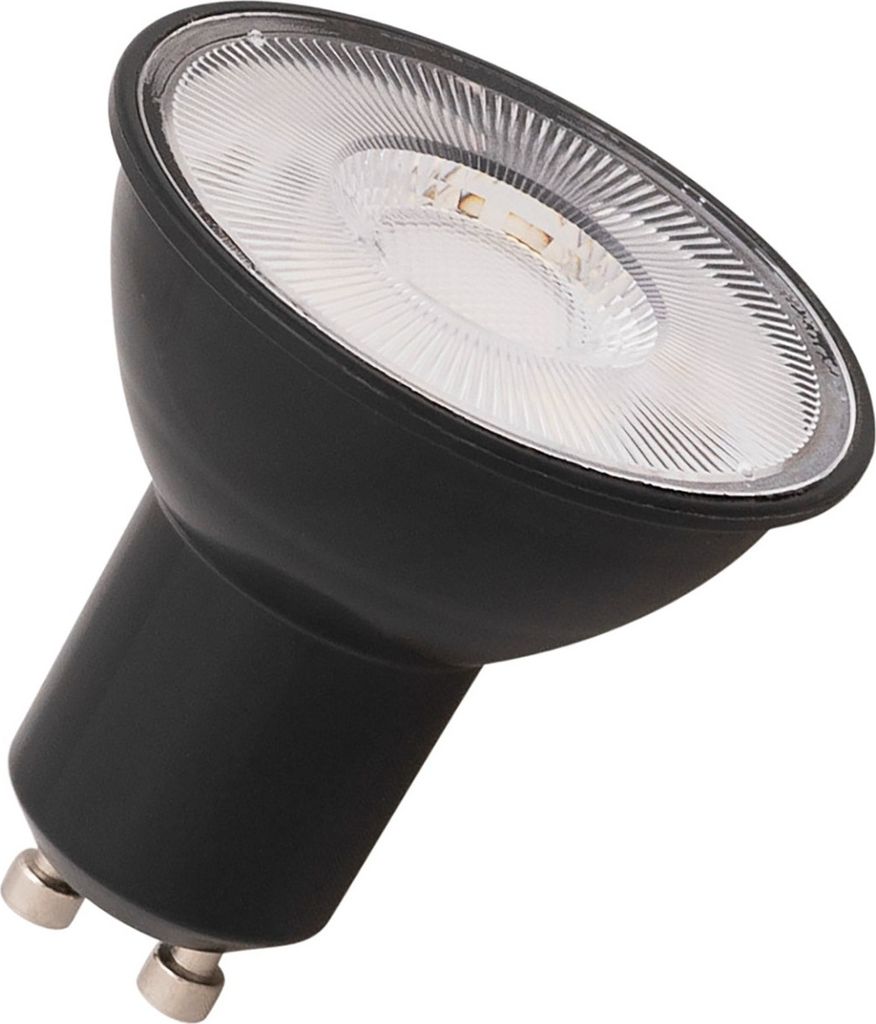 A close-up studio shot of a black LED spotlight bulb.