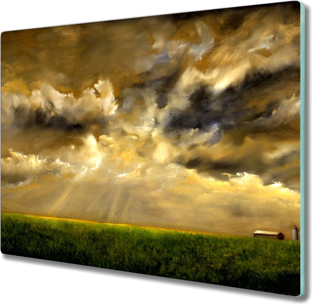 Coloray Schneidebrett Herdabdeckplatte 60x52 cm Kochplattenabdeckung Küchenbrett Hackbrett - Landschaft Dorf Feld Himmel