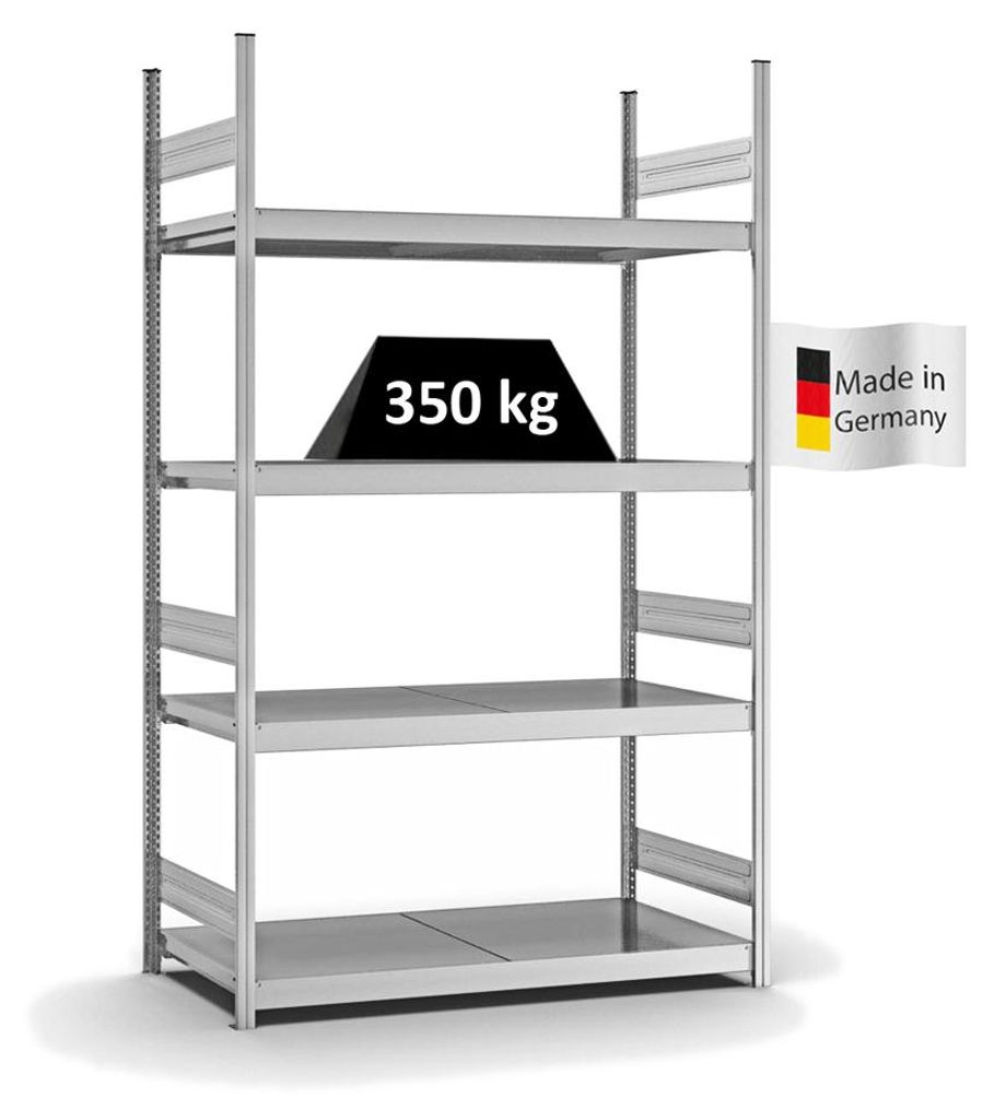 PROREGAL Weitspannregal Stecksystem MAGNUS Germany | HxBxT 250x150x60cm | 4 Ebenen | Stahlplatten-Fachboden | Fachlast 350kg | Verzinkt