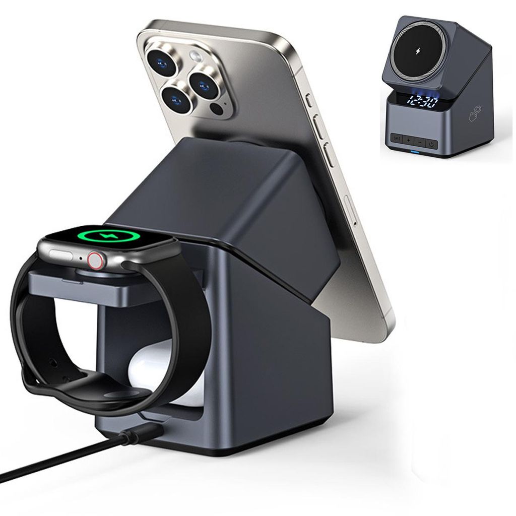 Ladestation, 4-in-1-Ladestation, kompatibel mit MagSafe, 15W-Schnelllade-Dockingstation mit LED-Uhr, verstellbarer Metall-Handyständer