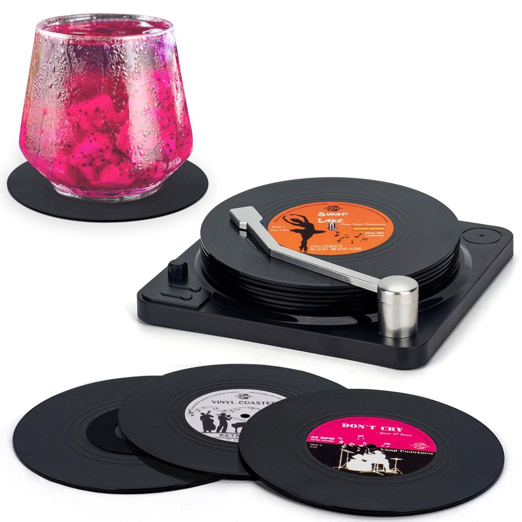 Vinyl-Untersetzer im Retro-Stil mit originalem Boden und Etiketten, 6er-Set in einer Geschenkbox, für Bars, Cafés, Zuhause, Partys, Büro