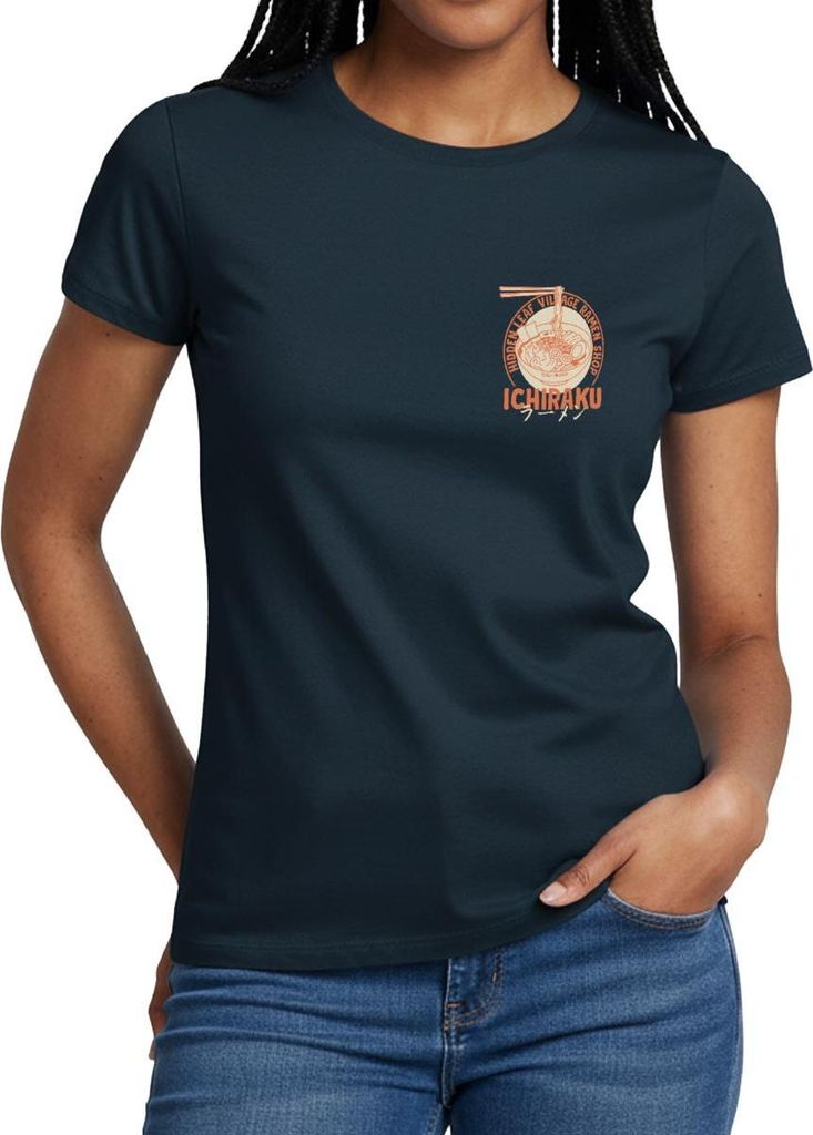 Spreadshirt Naruto Ichiraku Hidden Leaf Village Ramen Logo Frauen T-Shirt, L, Navy