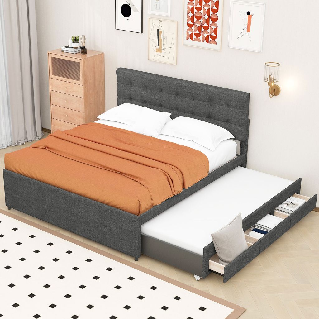 A bedroom scene with a bed and a dresser.