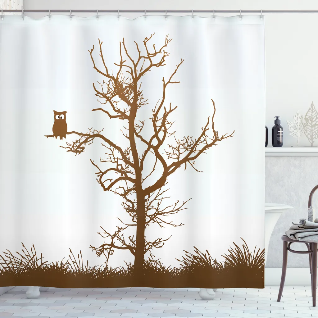 ABAKUHAUS Tenda da doccia con animali, gufo, ramo autunnale, opaca, incl. 12 anelli, resistente a batteri e muffe, 175 x 200 cm, cioccolato baby blue