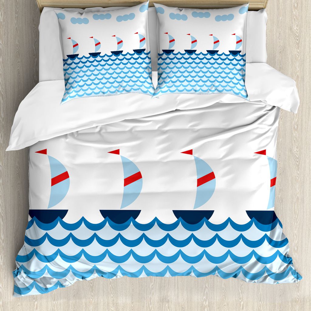 ABAKUHAUS Segeln Bettbezug Set für Einzelbetten, Segelboote auf Wellen, Milbensicher Allergiker geeignet mit Kissenbezug, 200 cm x 200 cm - 80 x 8...