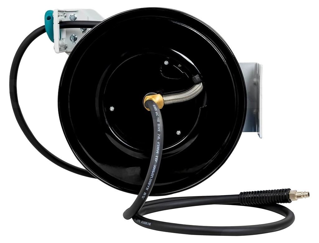 Automatischer Pneumatik-Schlauchaufroller 15 m 3/8", Metallgehäuse, 20 bar, ölresistenter Hybrid-Schlauch mit Führung und Verriegelungssystem