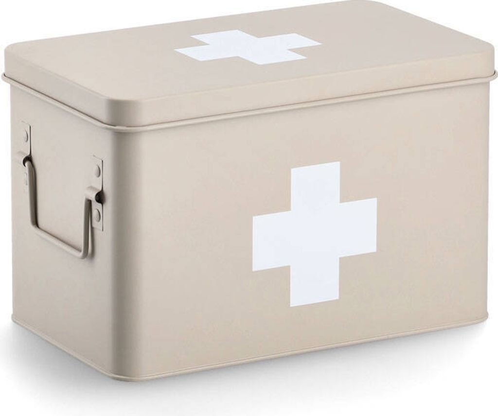A beige metal medicine box with a white cross symbol on the front and top.