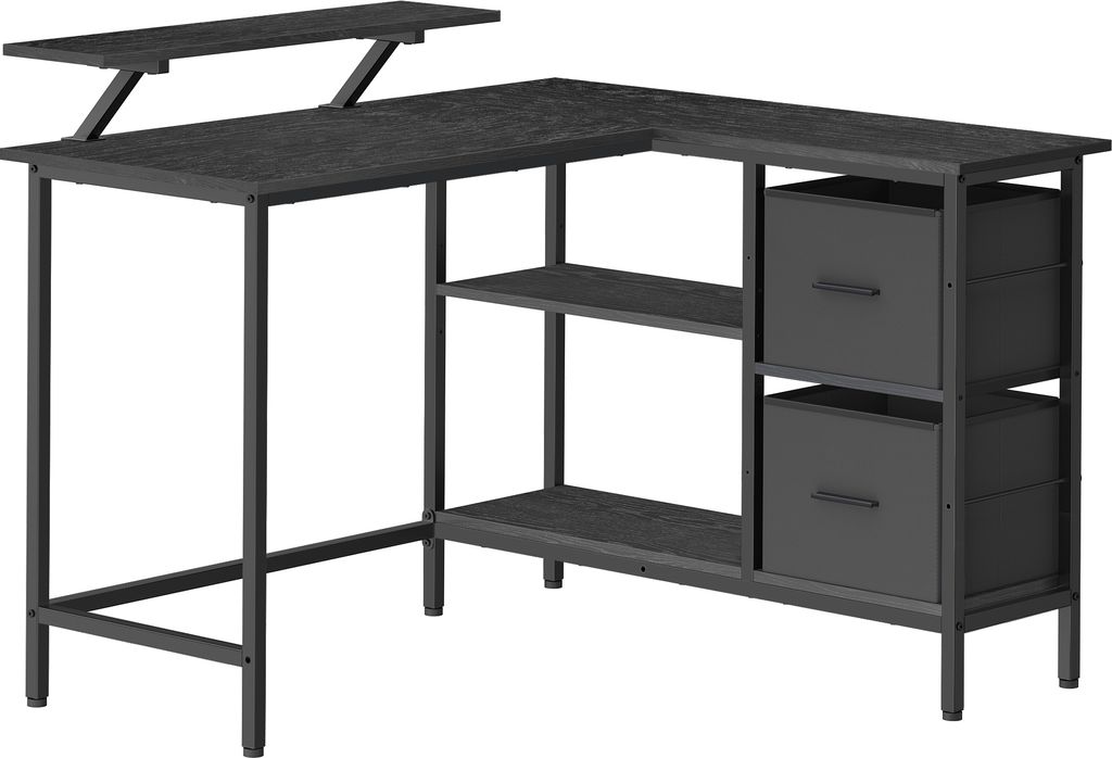 A black L-shaped desk with shelves and drawers, shown from a front-side angle against a white background.