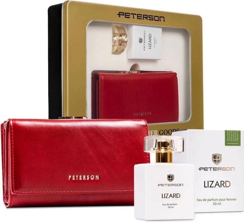 Peterson | Geschenkset: Brieftasche, aus Leder, für Frauen und Eidechsen-Eau de Parfum, Rot, 14x9 cm