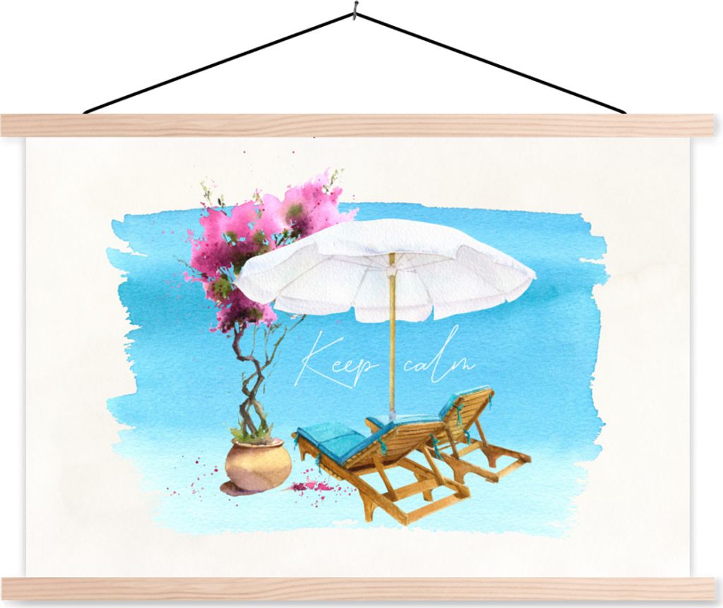 MuchoWow Textilposter Strandkorb - Blumen - Sonnenschirm - Aquarell 60x40 cm mit holzfarbenen Rahmen - Bilder