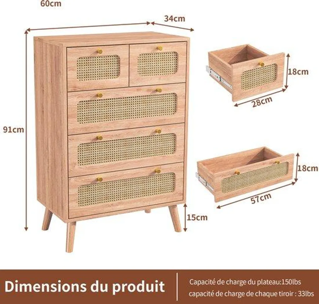 Commode 5 tiroirs en bois et rotin avec kit de sécurité anti-basculement