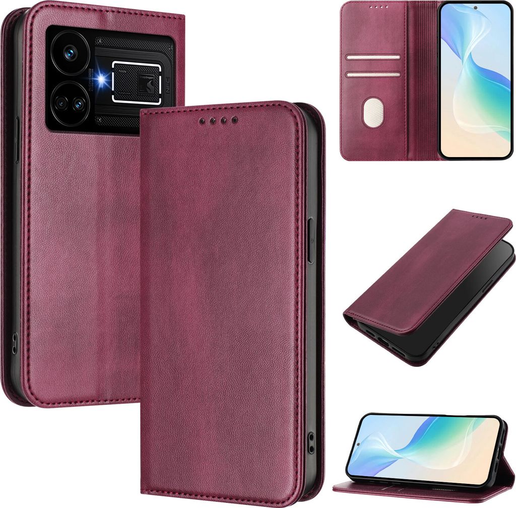 Handyhülle für Realme GT5 204W/Realme GT5, Vintage Leder RFID Schutz Kartenfach Standfunktion Magnetische Klapphülle Rot