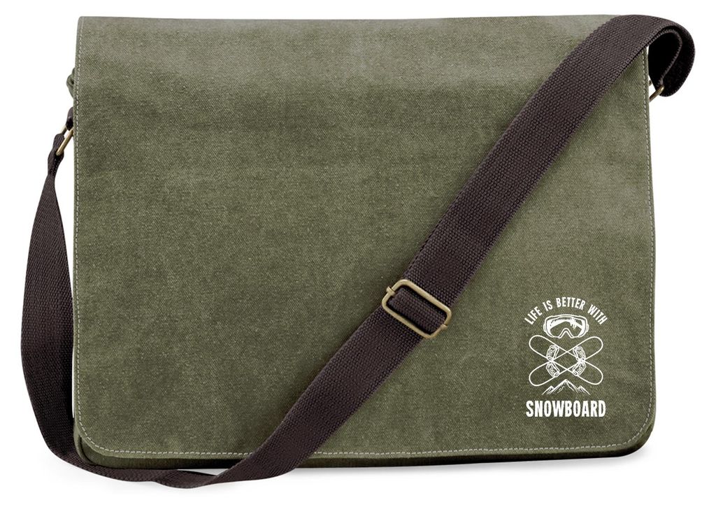 Huuraa Umhängetasche Snowboard life is better 14 Liter Military Green Canvas Laptoptasche Geschenkidee