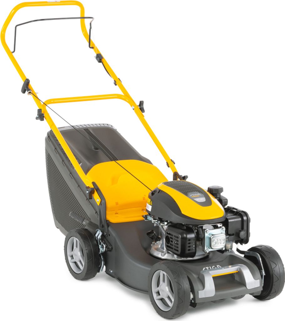 A STIGA petrol lawnmower is shown against a white background.