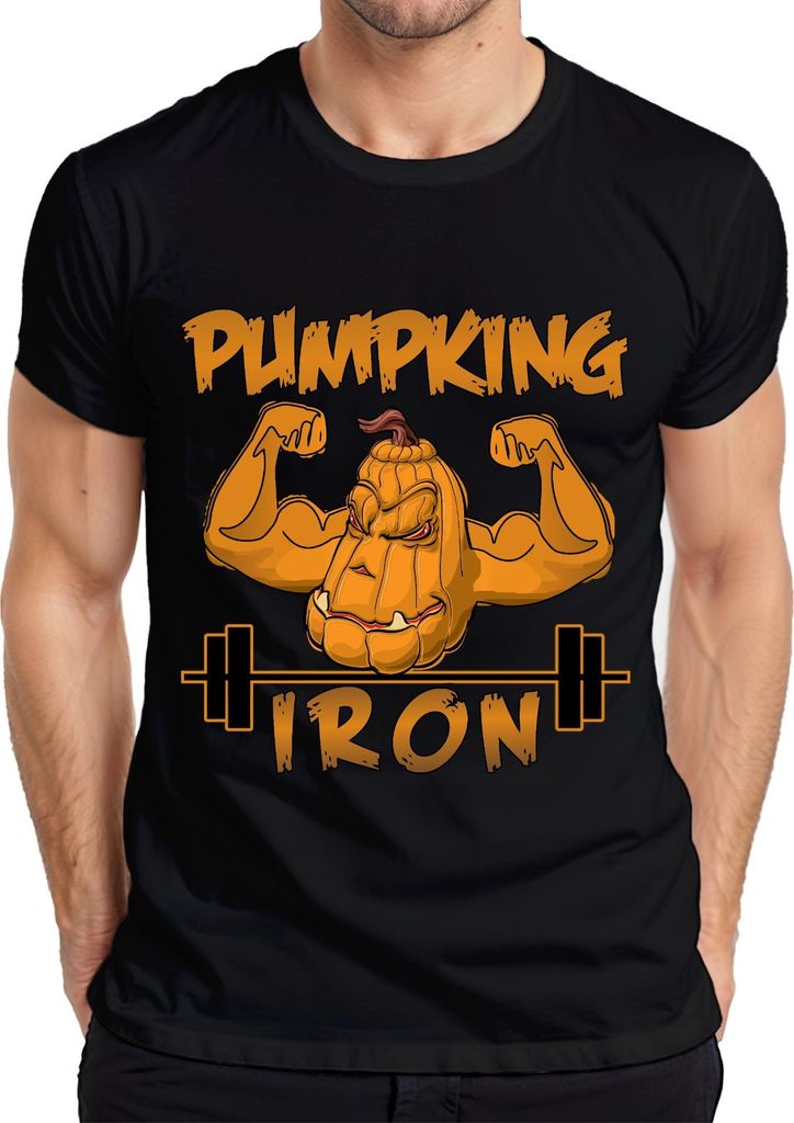 PUMPKING IRON Halloween Kürbis Fitness Gewichtheben Geschenk Herren T-Shirt, Schwarz, 3XL