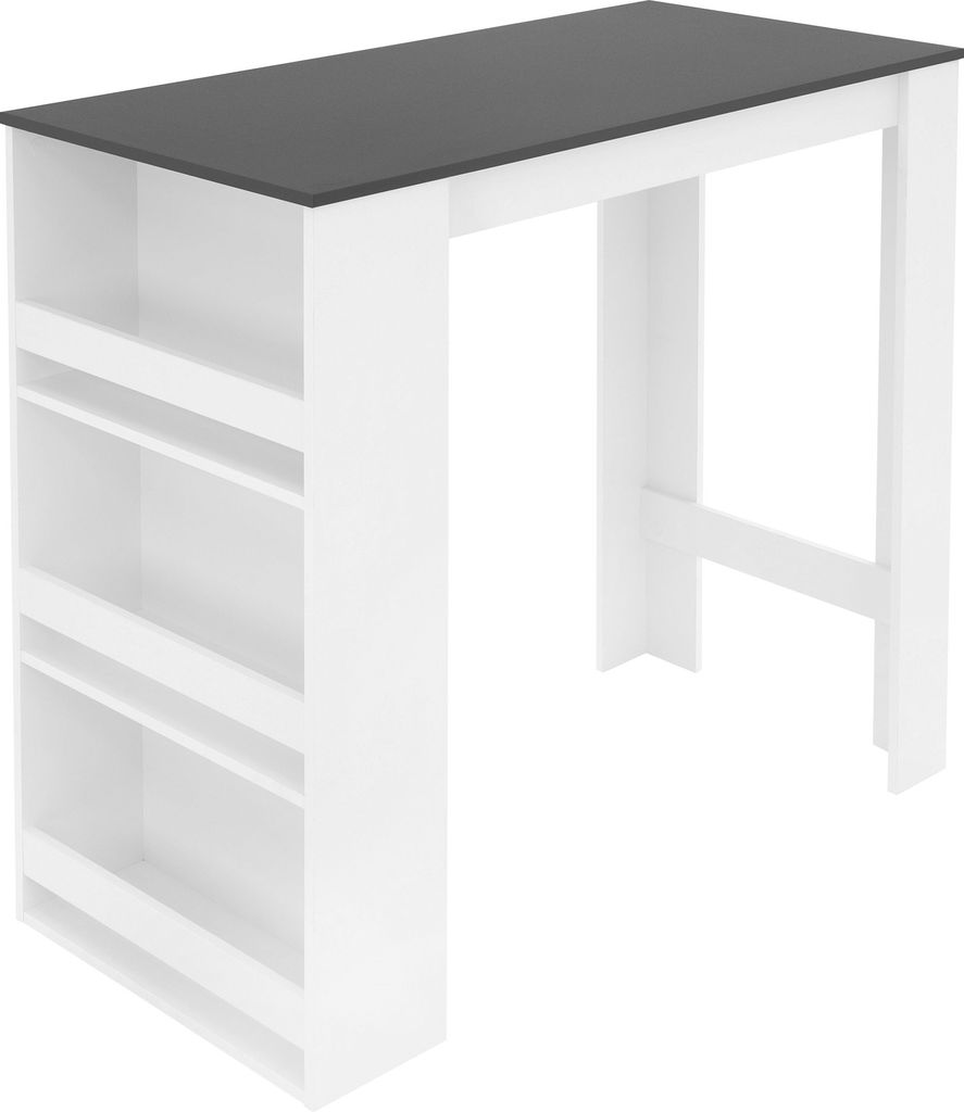 A white and anthracite bar table with a three-tiered shelf on one side, shown against a white background.