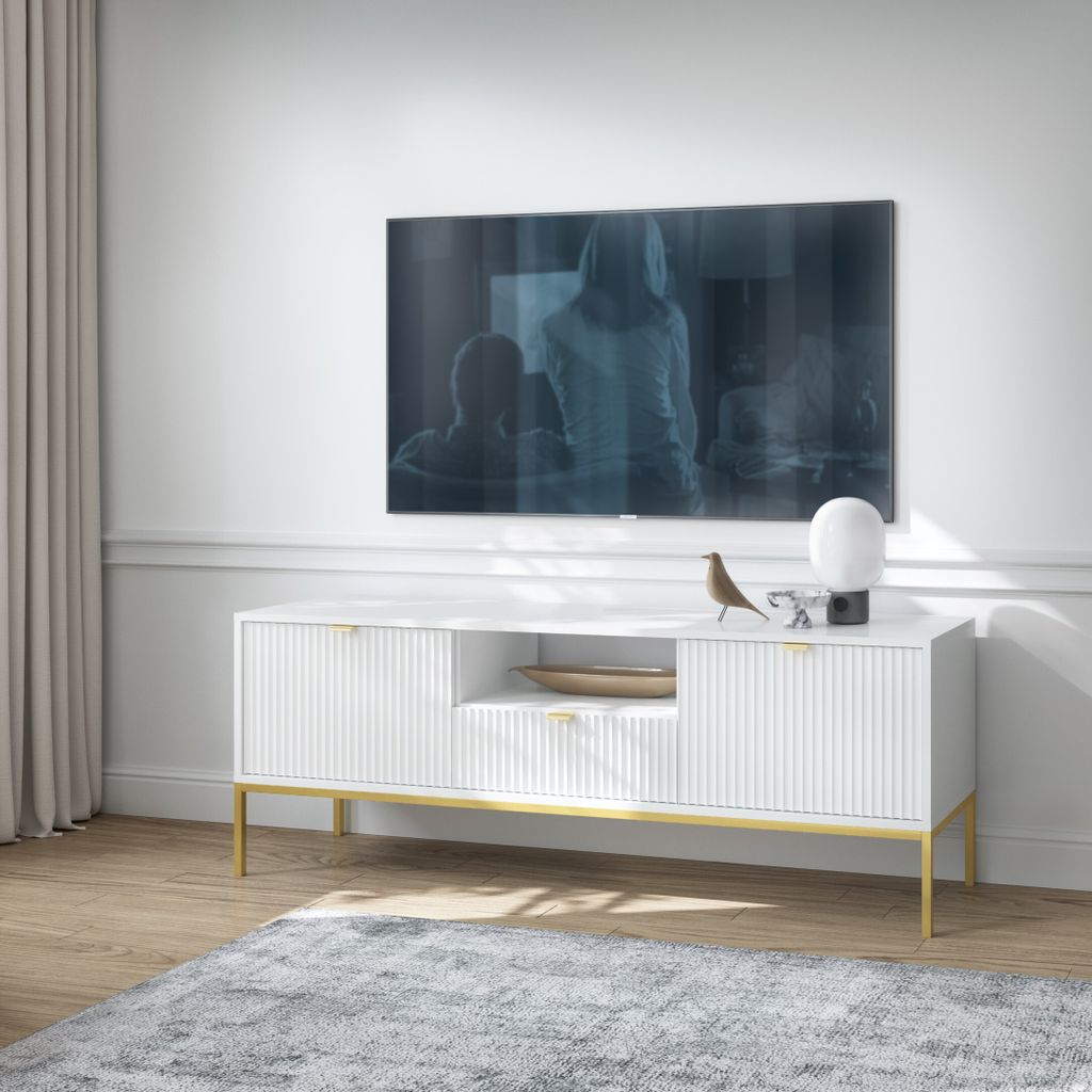 Masseno TV-Schrank STELLARE 154 cm Fernsehschrank mit 1 Schubladen und 2 Türen TV-Lowboard für Wohnzimmer Modern 154x39x56 cm Weiß / Weiß