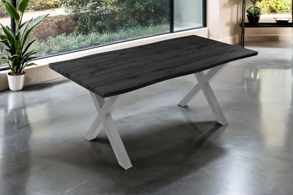 Esstisch Josy | 180 x 90 cm | Holz-Optik in Grau | X-Gestell Metall Silber | 40 mm Tischplatte mit Baumkante | Tisch für Esszimmer & Küche