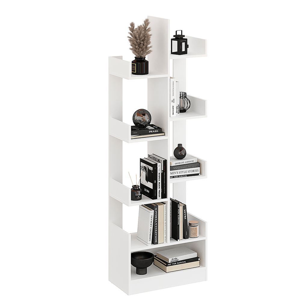 KOMTO Bücherregal Weiß in Baumform - Regal mit 9 Ebenen, Pflanzenregal, Standregal für Wohnzimmer, Kinderzimmer, Schlafzimmer, Pylos 60 x 180 x ...
