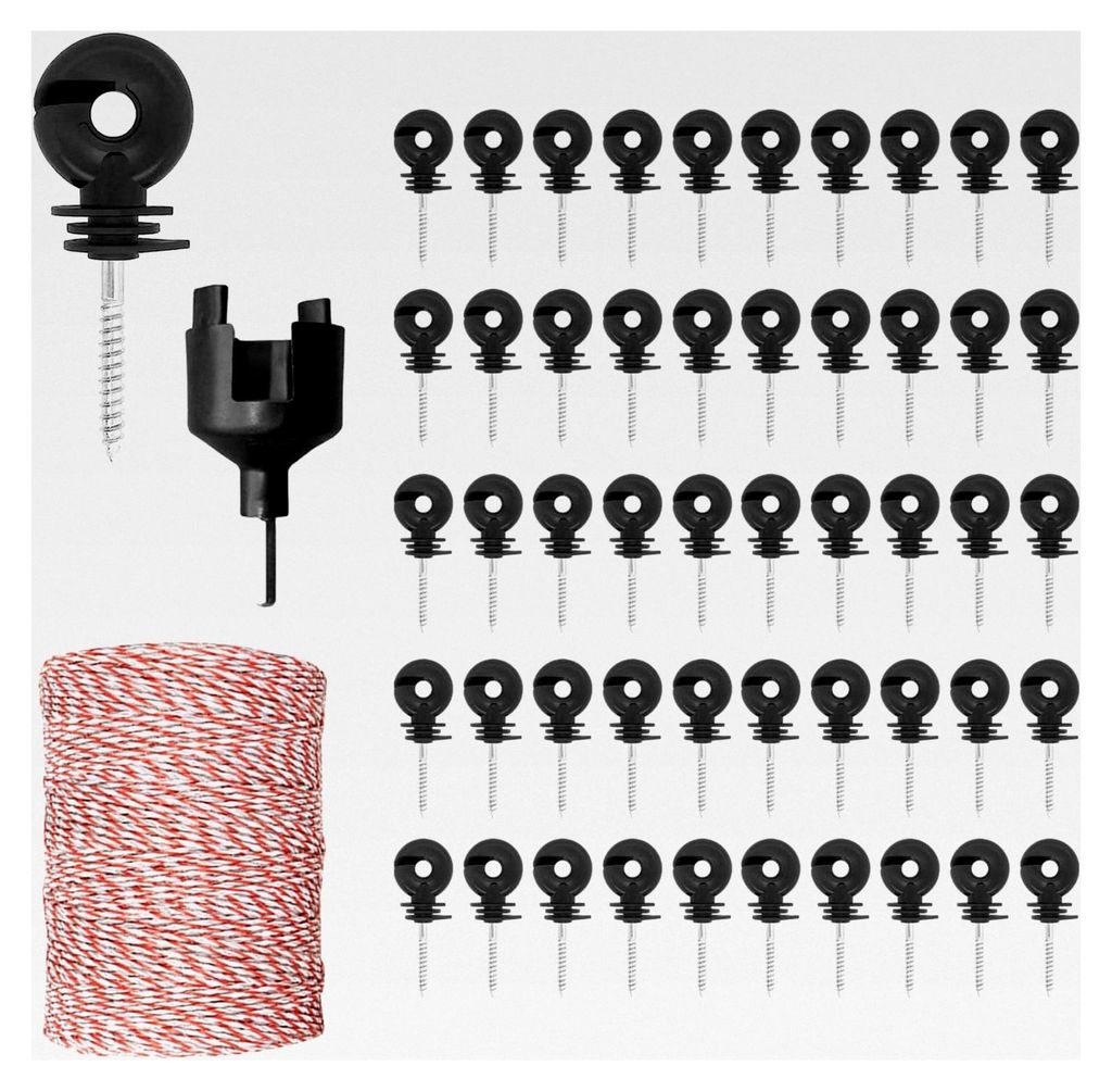 Weidezaunseil mit Ringisolator und Einschraubhilfe, Elektrozaunlitze, 6 NIRO, Weiß-rot, 200 m