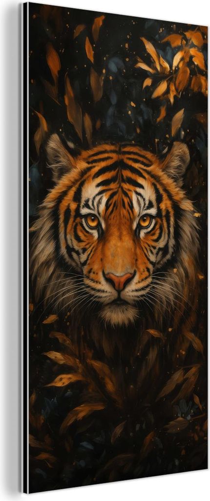 MuchoWow Wanddekoration Metall Metallbild Wandkunst 40x80 cm Blätter - Tiger - Orange MuchoWow Aluminium Gemälde - Wanddekoration - Industrial