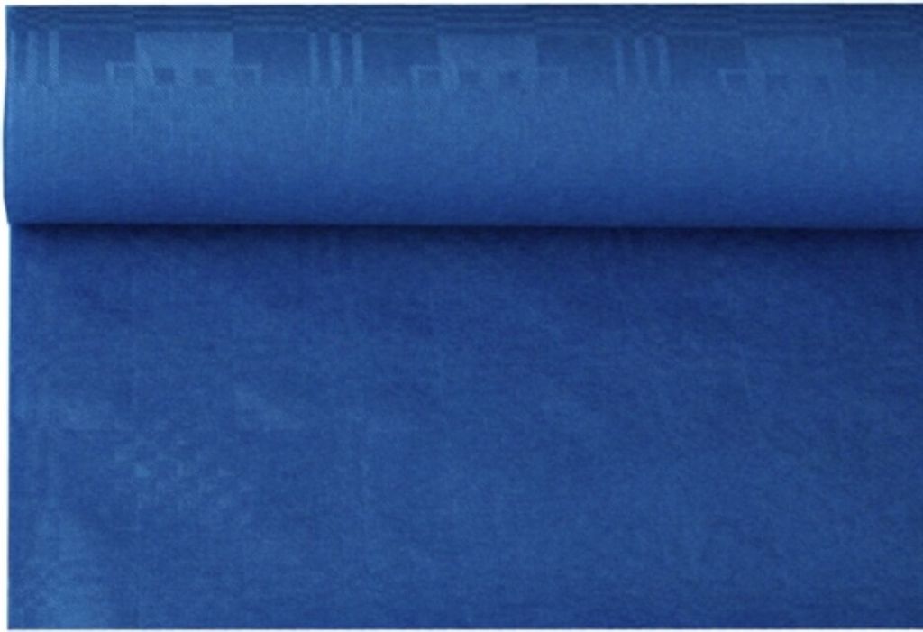 A roll of dark blue fabric or paper, likely a tablecloth, is shown.