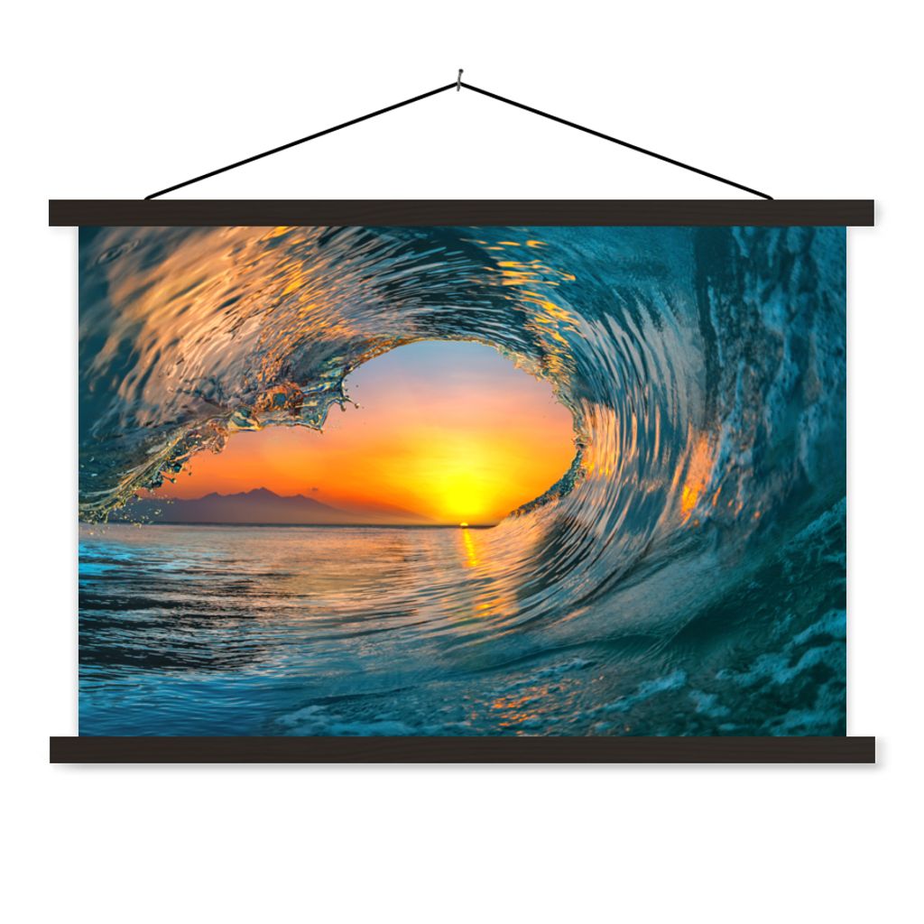 MuchoWow Textilposter Sonnenuntergang - Wasser - Welle - Orange 150x100 cm mit schwarzem Rahmen - Schlafzimmer