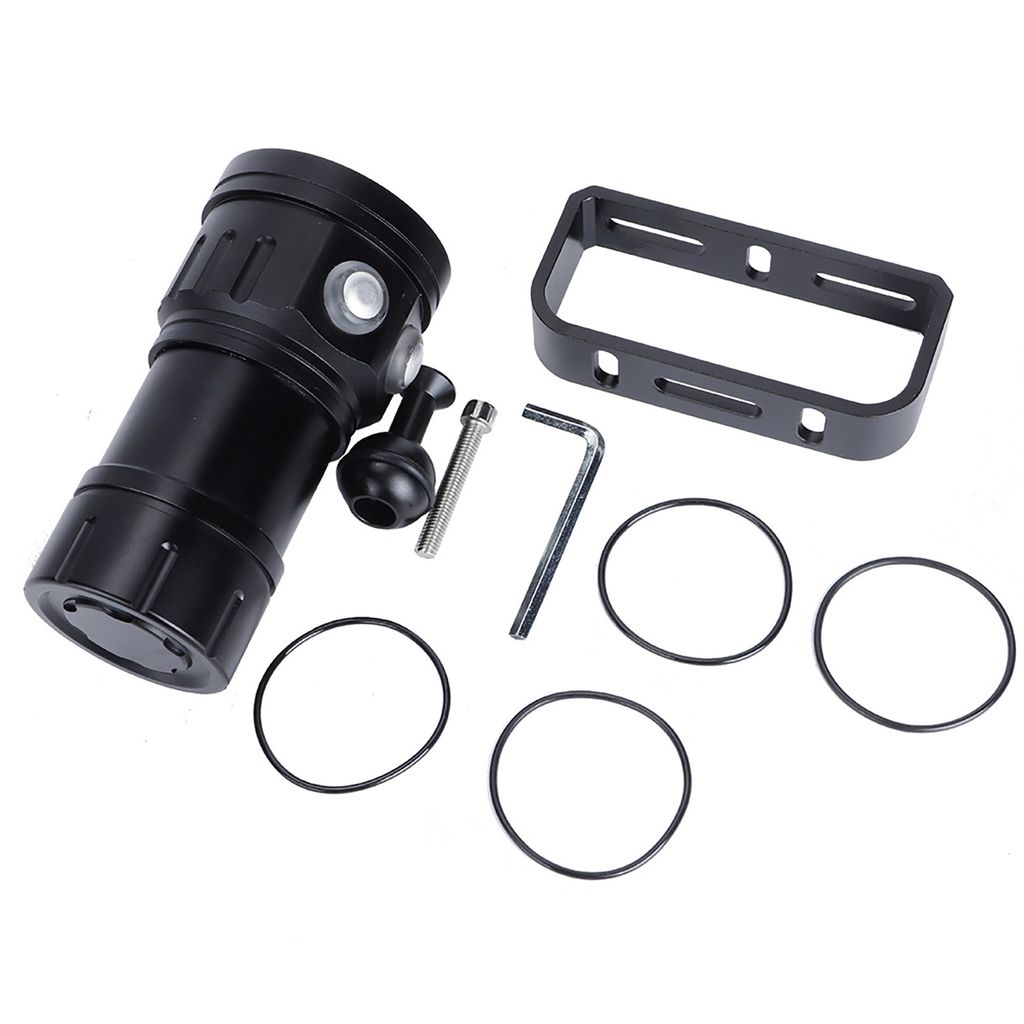 A collection of diving flashlight accessories laid out on a white background.