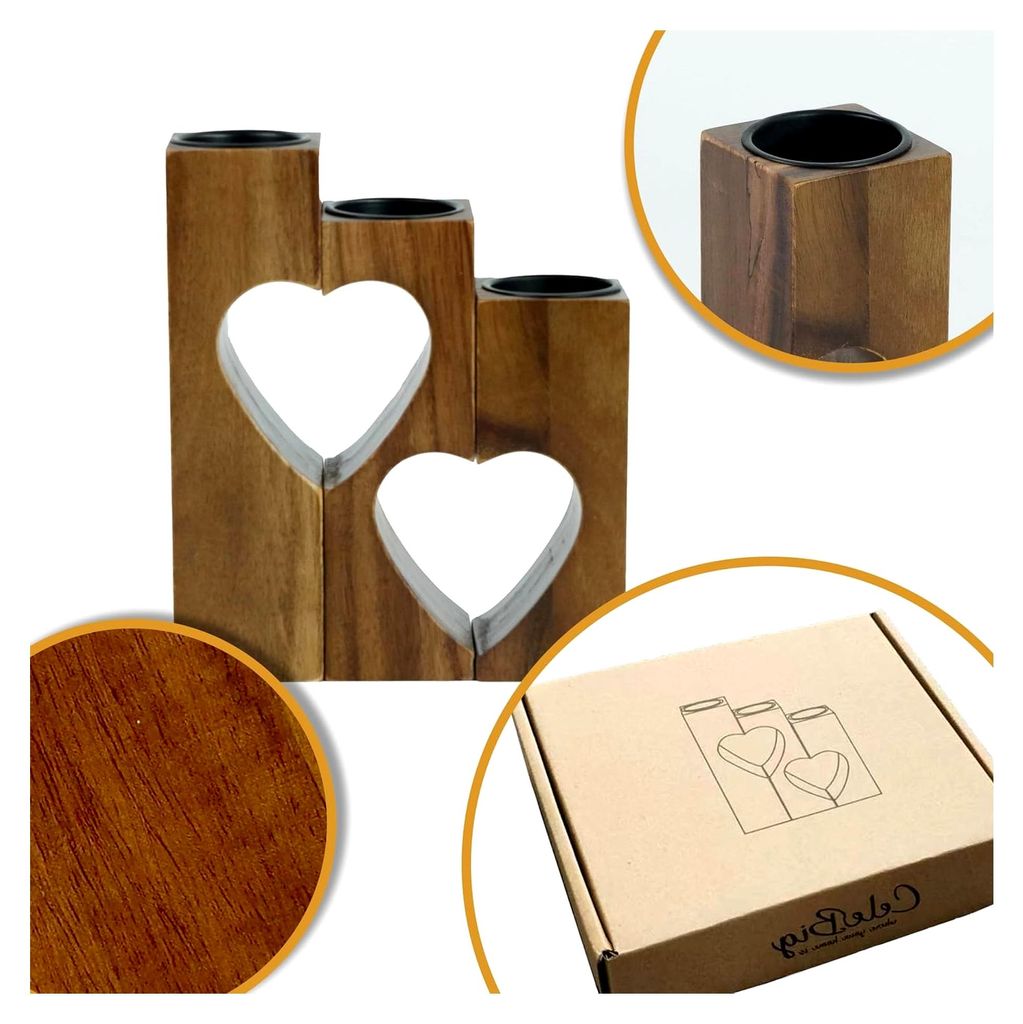 Teelichthalter Herz aus Akazienholz | 3er Set Kerzenständer | Doppel Herz Kerzenhalter | Deko aus Akazienholz