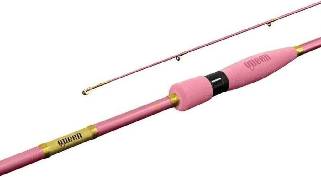 A pink fishing rod with gold accents is shown against a white background.