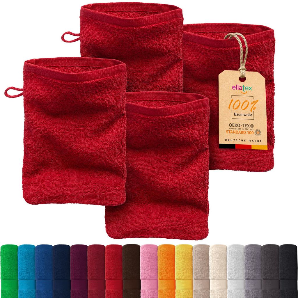EllaTex PARIS 4er Set Waschhandschuhe 15x21 cm – 100% Baumwolle, 500 g/m² Frottier, Vorteilspack, in Farbe: Rubinrot