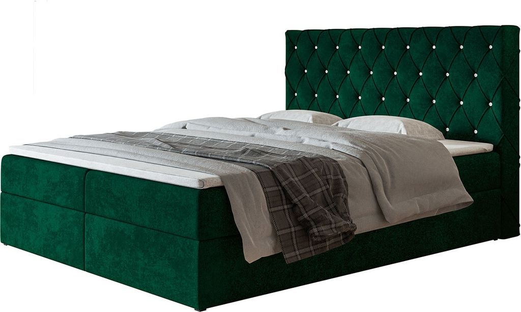 Boxspringbett BOSTON mit 2 Bettkästen, Polsterbett Maße: 180x200, Farbe: Dunkelgrün, Velourstoff, Doppelbett mit Bonell-Matratze
