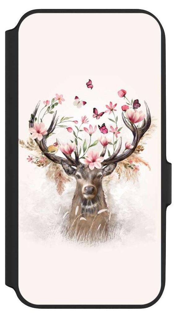 NIVOCASE Klapphülle für Samsung Galaxy A54 5G Handyhülle aus Kunst Leder NIVOflip schwarz Blumen Hirsch Tiere