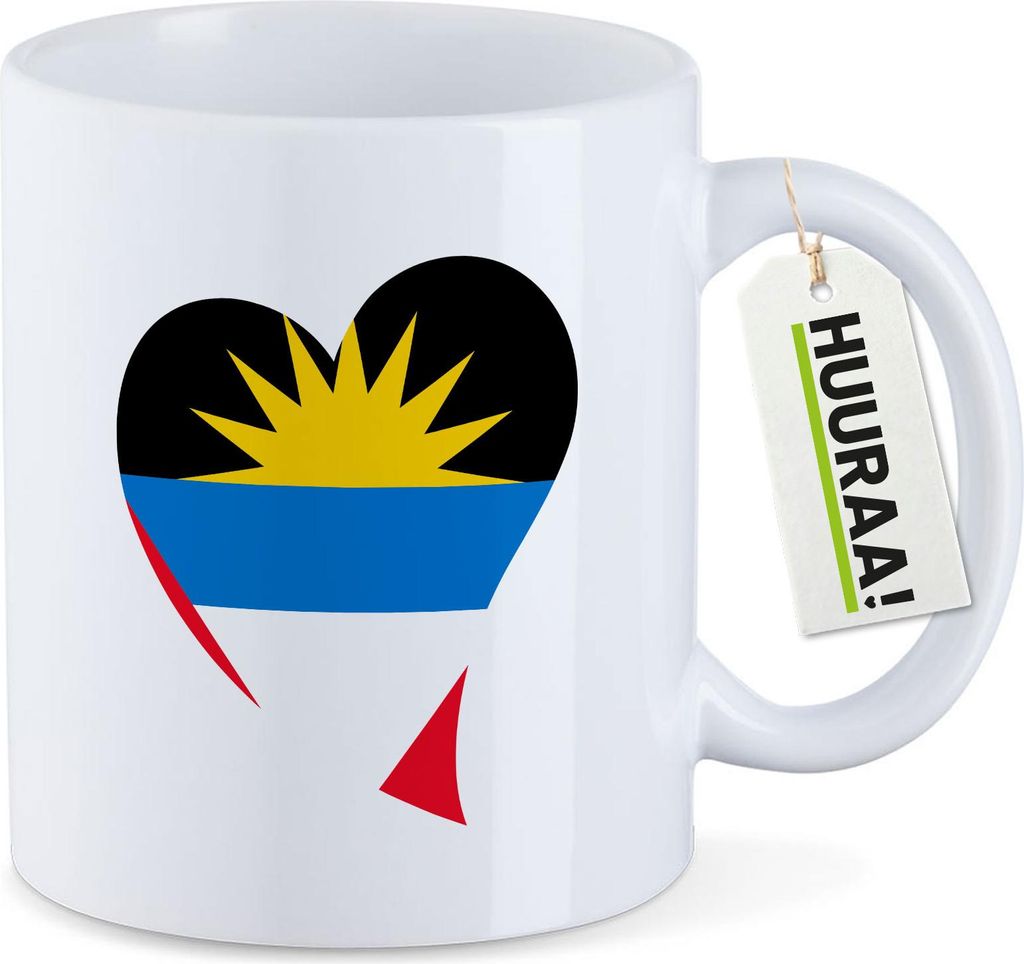 Huuraa Kaffeetasse Antigua und Barbuda Flagge Herz 330ml Weiß Keramik Kaffeebecher Geschenkidee