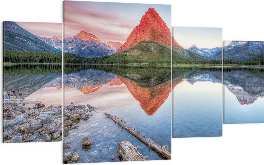 Bild auf Leinwand - Leinwandbild - 4 Teile - See Berge Spiegelung - 160x90cm - Wand Bild - Wanddeko - Wandbilder - Leinwanddruck - Bilder - Wanddek...